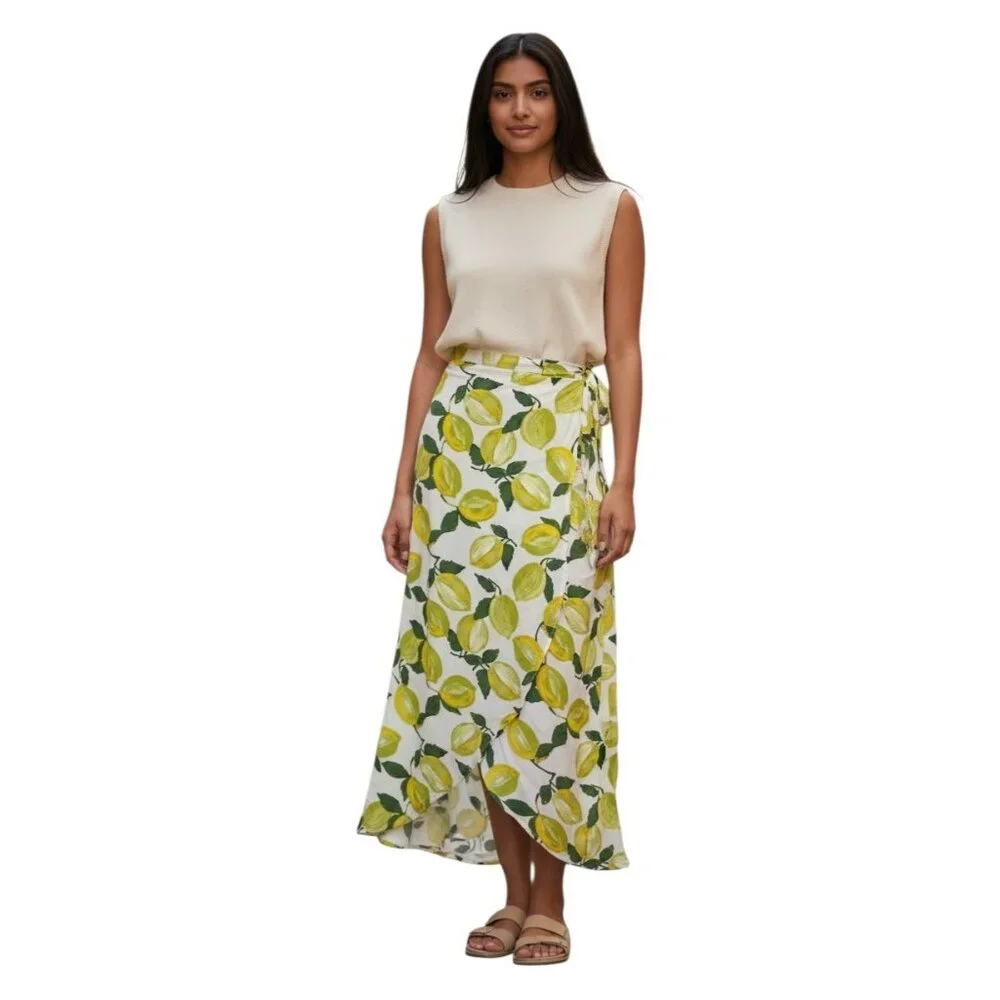 Fabienne Chapot Lime Print Tulip Hem Maxi Skirt Pull On Green White 8 US (38 EU)